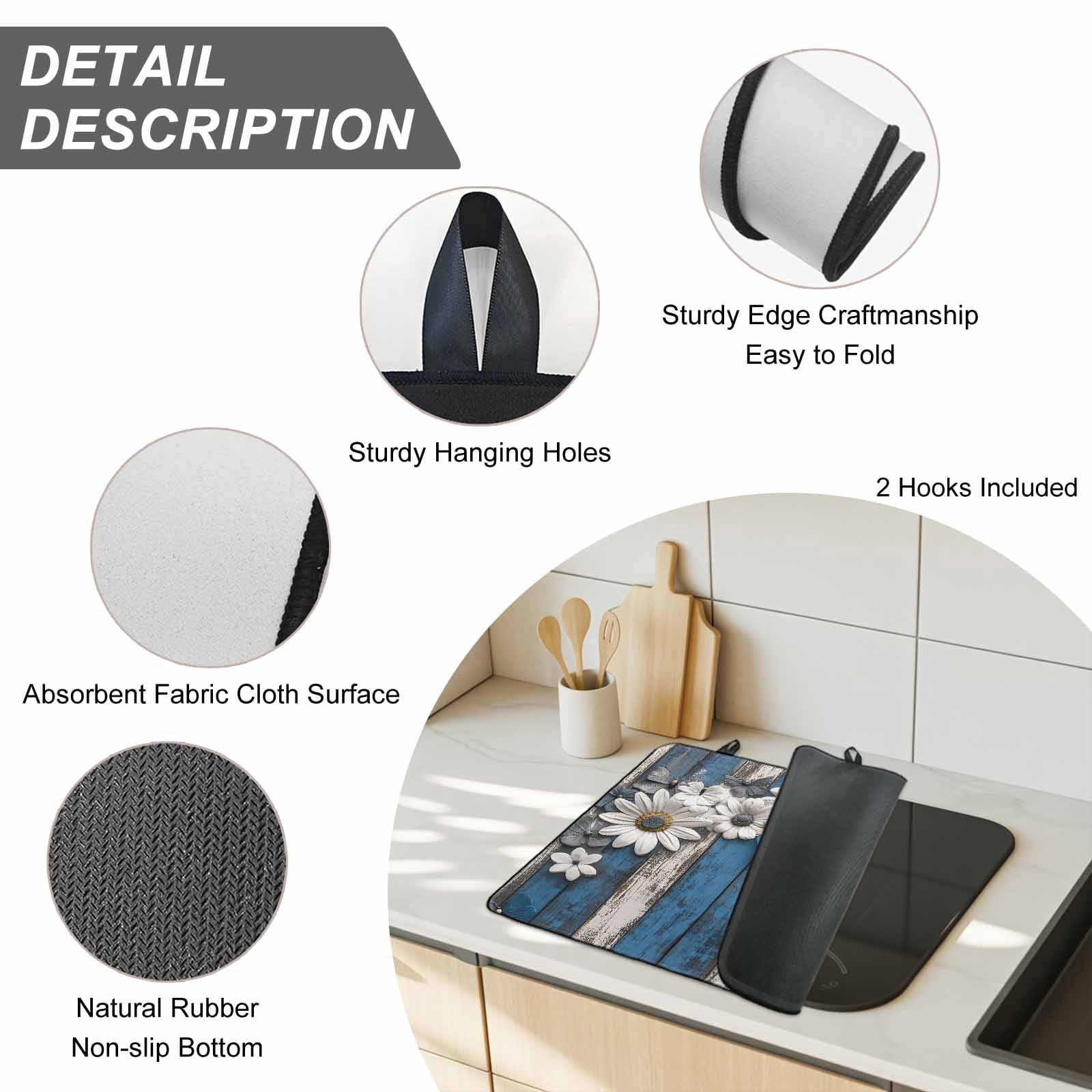 Blue White Daisy Stove Top Cover for Electric Stove, Heat-proof & Non Slip Glass Top Stove Cover Protector, Vintage Farmhouse Butterfly Floral Wood Kitchen Flat Cooktop Rubber Mat 24x21 Inches