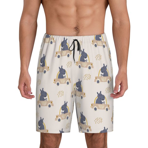 Balery Hippos Driving A Car Pantalones cortos de pijama de punto de algodón para hombre con cinturilla y bolsillos-XX-Large