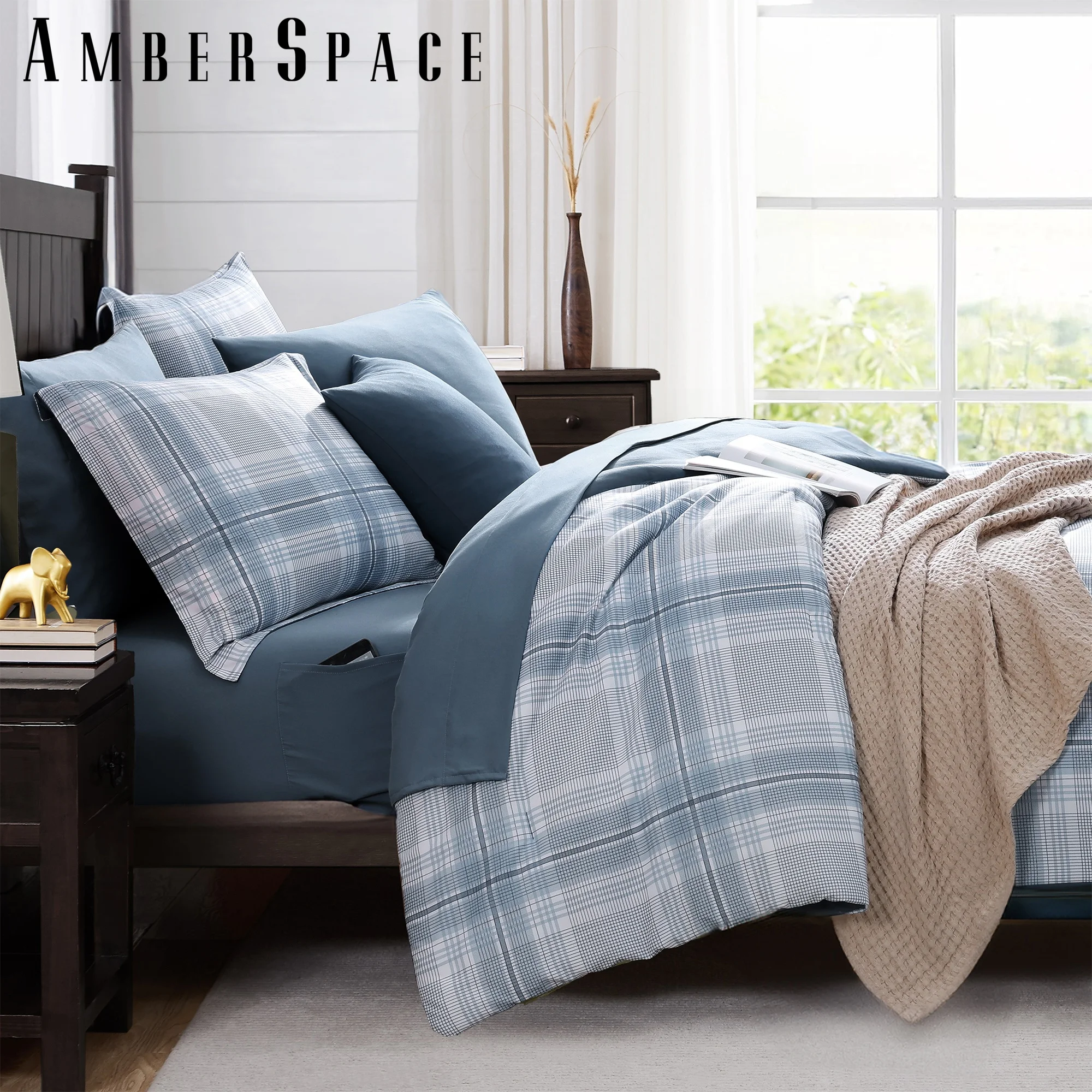 Amberspace Reversible Checkered 7-piece Bed in a Bag Comforter Set with Sheets,Light Blue,Full