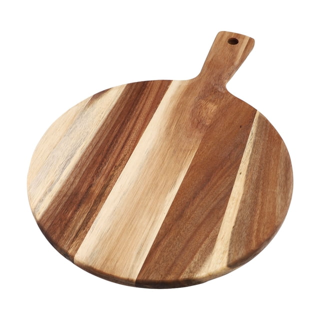 MYG 16 Inch Acacia Wood Round Cutting Board with Handle, Reversible Pizza Tray for Serving, Cutting Vegetables, Bread, Cheese, and Meats, Multipurpose Kitchen Tool, Easy to Clean and Hang