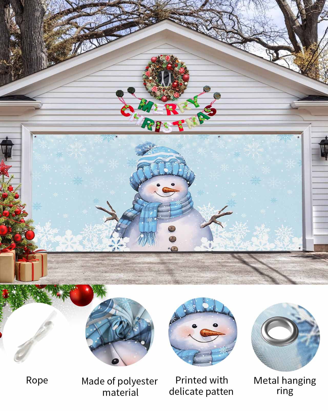 Garage Door Banner Cover 6 x 13 ft, Light Blue Christmas Snowman with Cap Xmas Tree Snowflake Christmas Garage Door Decorations Holiday Christmas Backdrop Decor for Winter New Year Xmas Party