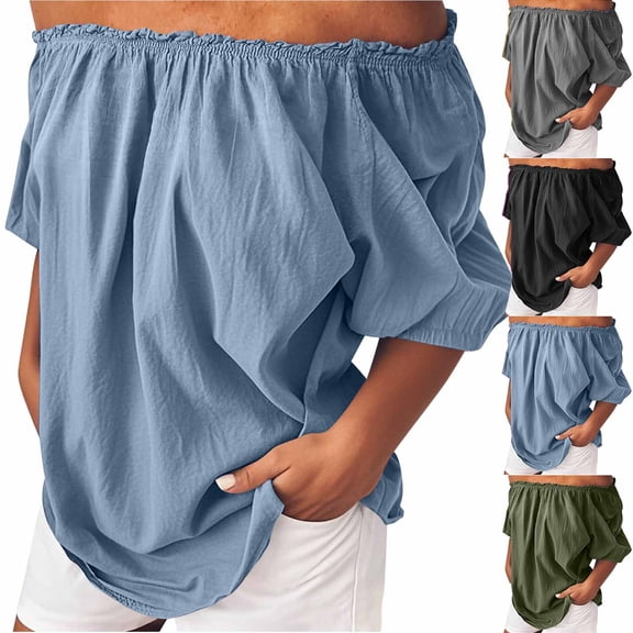 Aboser Off the Shoulder Tops for Women Plus Size Half Sleeve Blouses Cozy Cotton Linen Shirts Loose Fit Casual Tshirts Solid Color Summer Beach Clothes Black L
