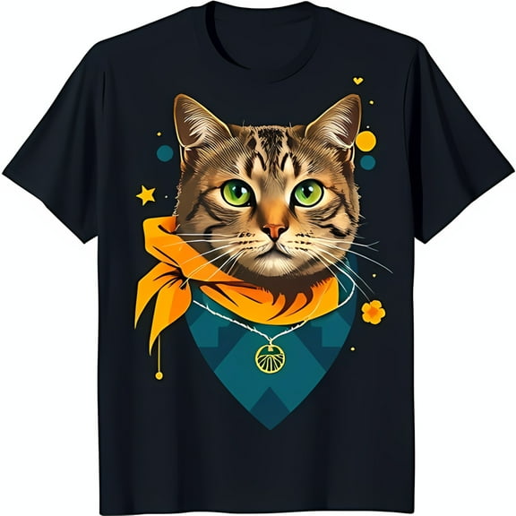 Adorable Tabby Cat T-Shirt with Yellow Bandana & Gold Necklace Cute Graphic Tee for Cat Lovers