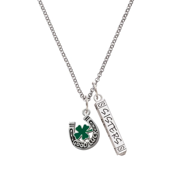 Delight Jewelry Silvertone Good Luck Horseshoe with Green Four Leaf Clover Silvertone Sisters Best Friends Forever Bar Charm Necklace, 23"
