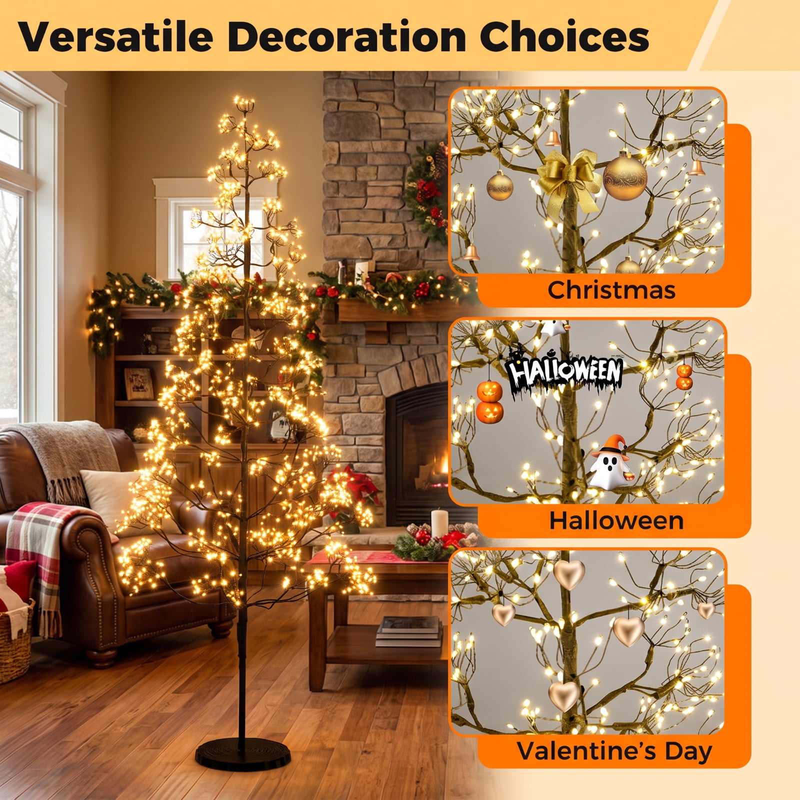 RUIE 6 ft Lighted Alpine Christmas Tree, Pre-Lit Black Cedar Tree with 1500 LED Lights and Weighted Concrete Base for Porch