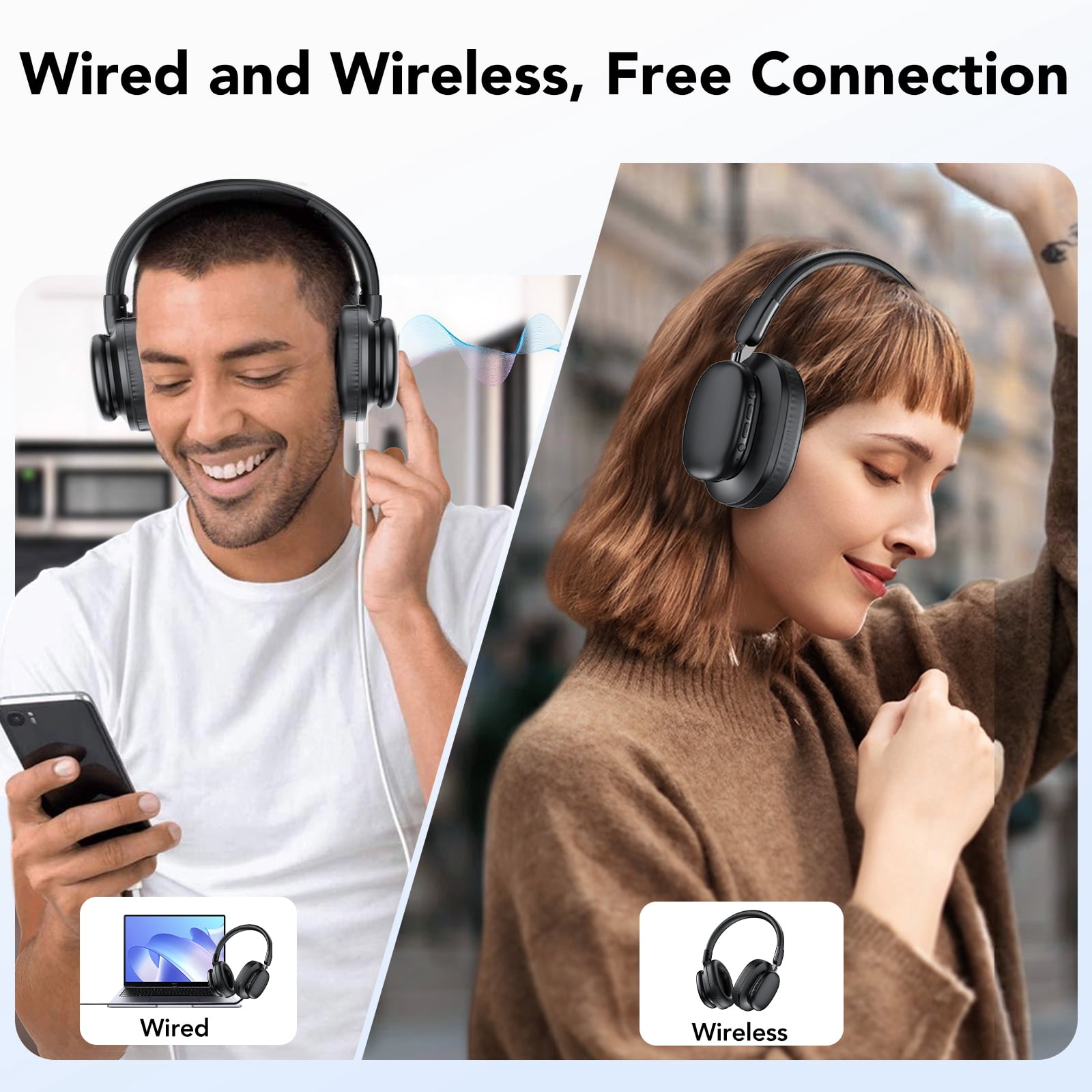 Wireless Headphone Bluetooth 5.4, 40H Playtime with 3EQ Modes, Bass Boosted 85%, Bluetooth Headphone Over Ear Wireless/Wired, ENC Clear Call, Foldable Over Ear Headphone for Travel/Office/PC Black