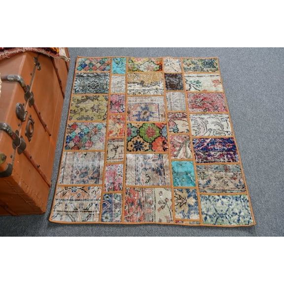 Patchwork Rug, Turkish Rug, Rainbow Persian Rugs, Vintage Rug, , 2.9x3.4 ft Small Rug, Antique Rug, Rugs For Bath, Aztec Bathroom Rug