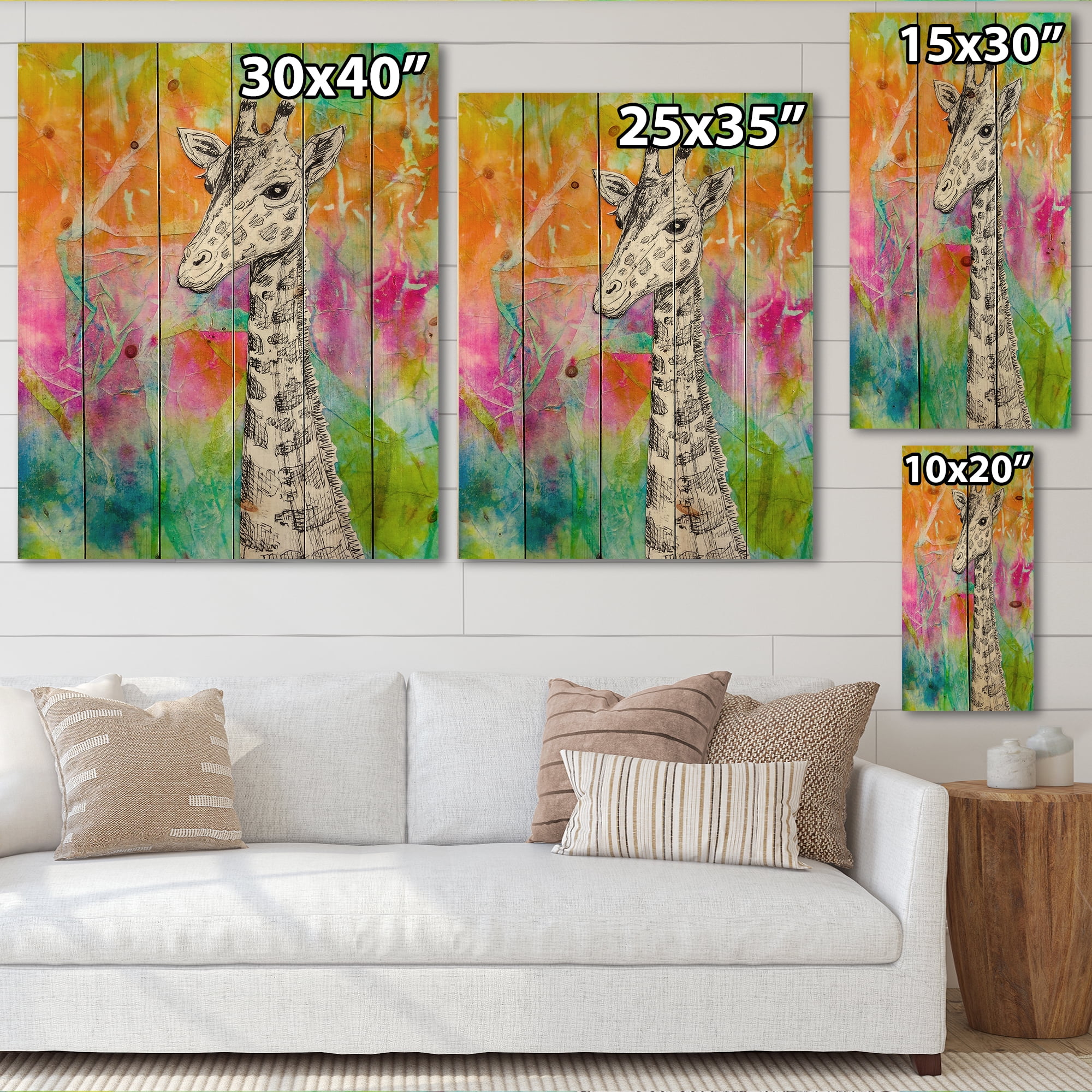 Designart 'Monochrome Giraffe Drawing On Bright Rainbow' Children's Art Print on Natural Pine Wood