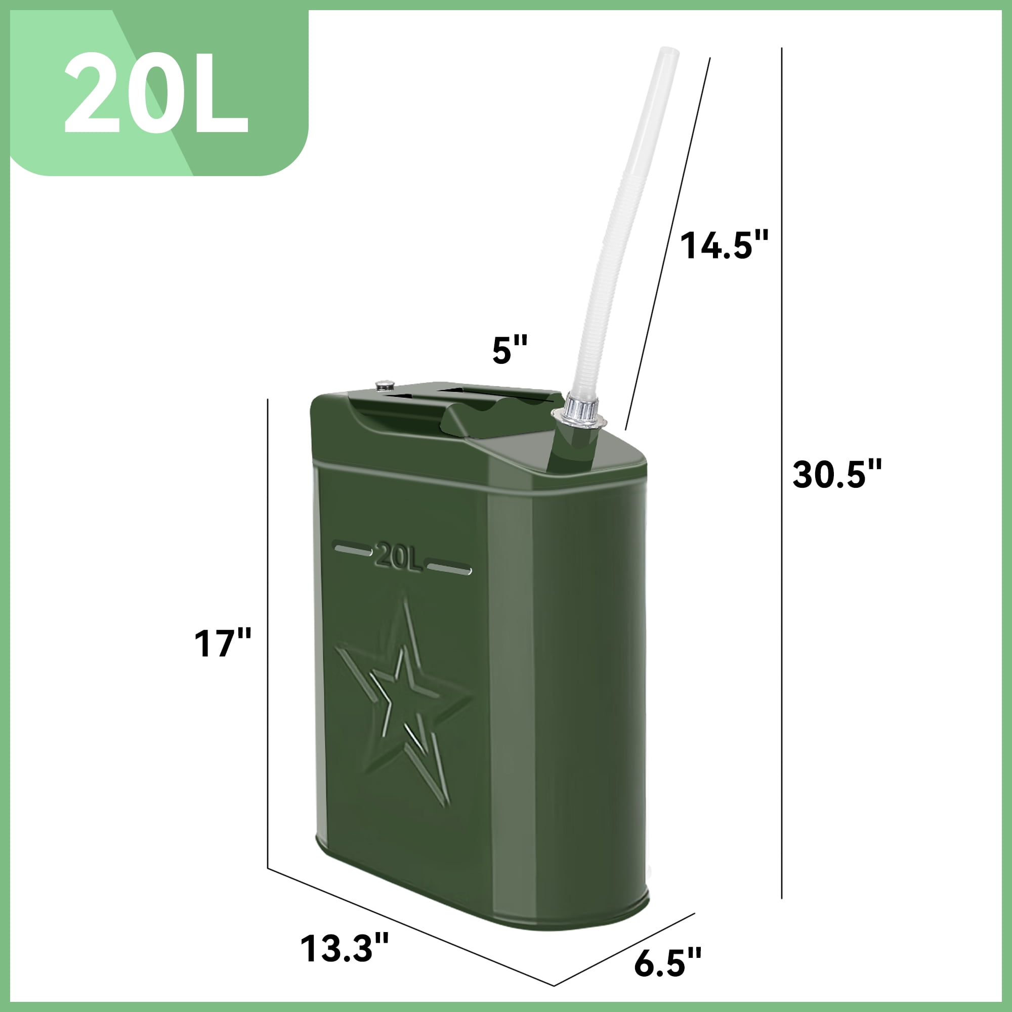 Deli Jerry Fuel Can,Metal Gas Can 5.3 Gallon / 20 L, 5 Gallon Gas Cans for Gasoline, Trucks Cars Motorcycle Equipment,Green,1 Pack