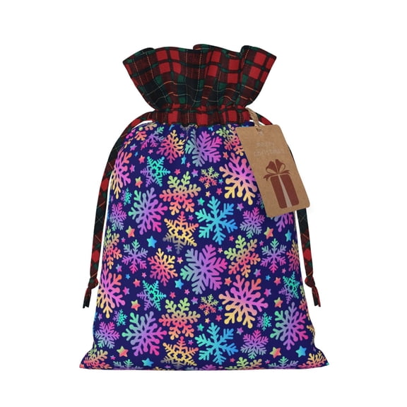 Kdxio Rainbow Snowflakes Christmas Drawstring Bags Xmas Buffalo Plaid Candy Bags Linen Treat Bags Christmas Gift Bags for Presents-Black