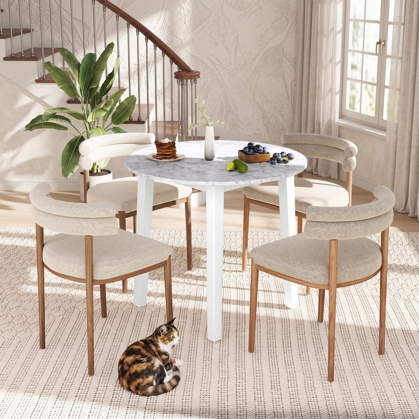 Furnibear 35 Inch Round Dining Table, Marble-Textured Veneer Kitchen Table with Rubber Wood Legs for 2-4 People, Small Space Bistro Dinner Table for Kitchen, White