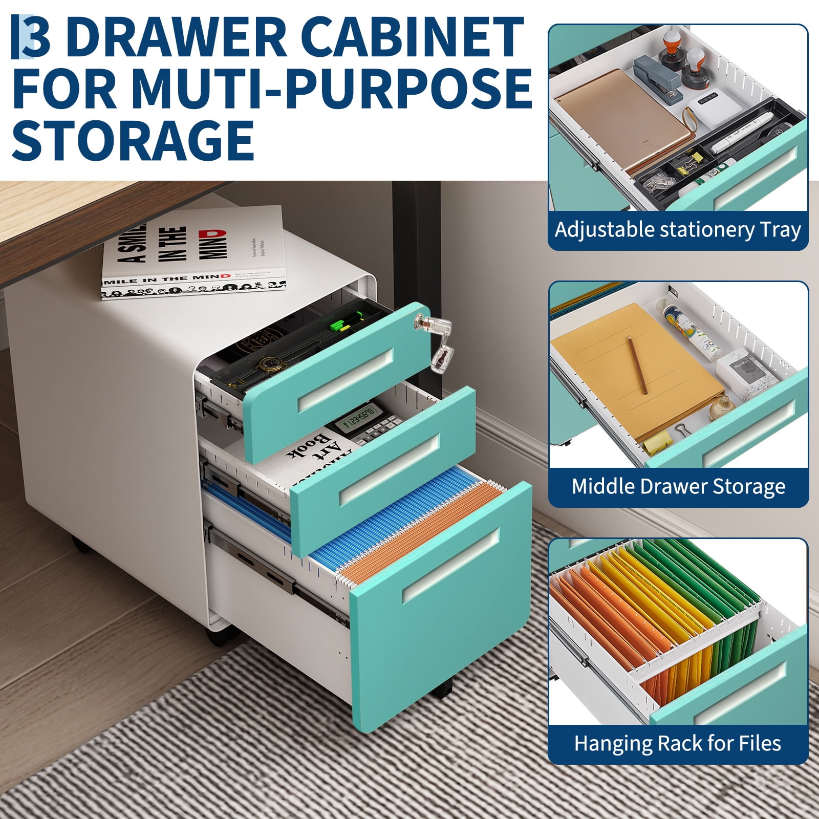 Towallmark Secure 3 Drawer Metal File Cabinet with Lock – Fully Assembled Mobile Filing Cabinet for Home Office, Anti-Tilt 5 Wheels, Under Desk Storage for A4/Letter/Legal Size – Blue