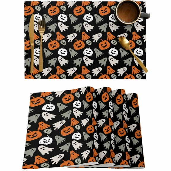 Halloween Ghost Pumpkin Seamless Placemats Set of 4,Wipeable Washable Table Mats for Dining Tables,Horror Black Place Mats for Kitchen Event Party Tabletop Decor