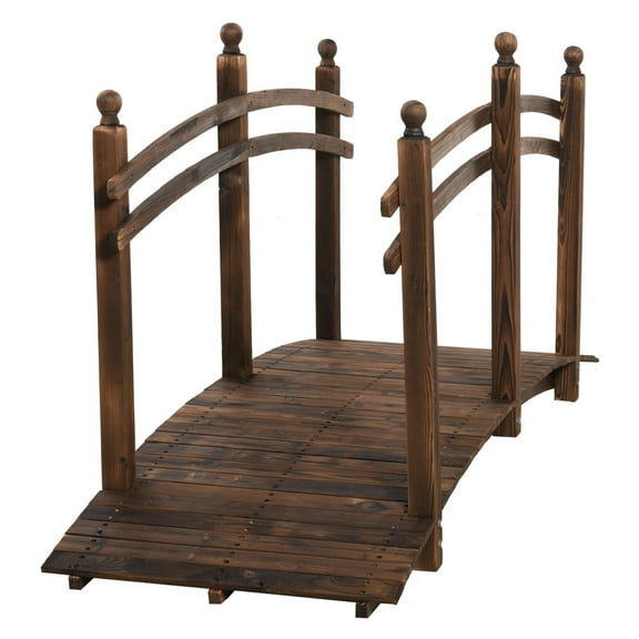 Fir Wood Garden Bridge - 7.5ft Arched Outdoor Bridge with Railings for Stream, Pond, Walkway - Carbonized Finish, 505lbs Capacity