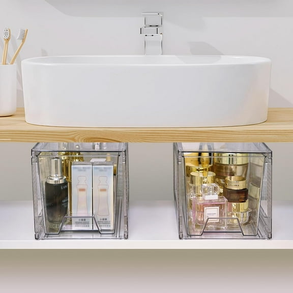 2 Pack Clear Stackable Storage Drawers, Multi-Use Bathroom Organizers for Vanity, Kitchen, Office and More