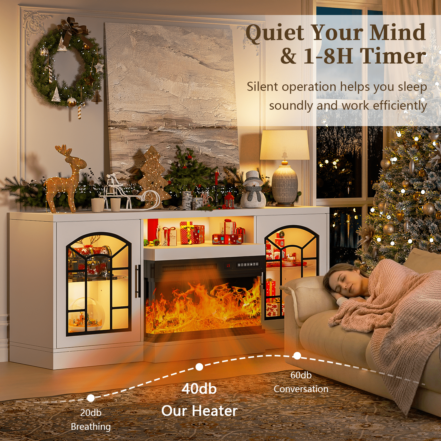 Waleaf 60" TV Stand with 3-Sided Glass Electric Fireplace, Modern Media Entertainment Center for TVs up to 65", Slim Wood Console with 21-Mode LED Lights & Adjustable Shelves