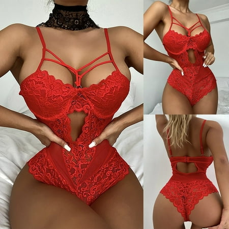 

YDKZYMD Sexy Corset Lingerie Set Strappy Babydoll Women s Teddy Lace Backless Bodysuit Sexy Nightgowns for Women Red 3XL