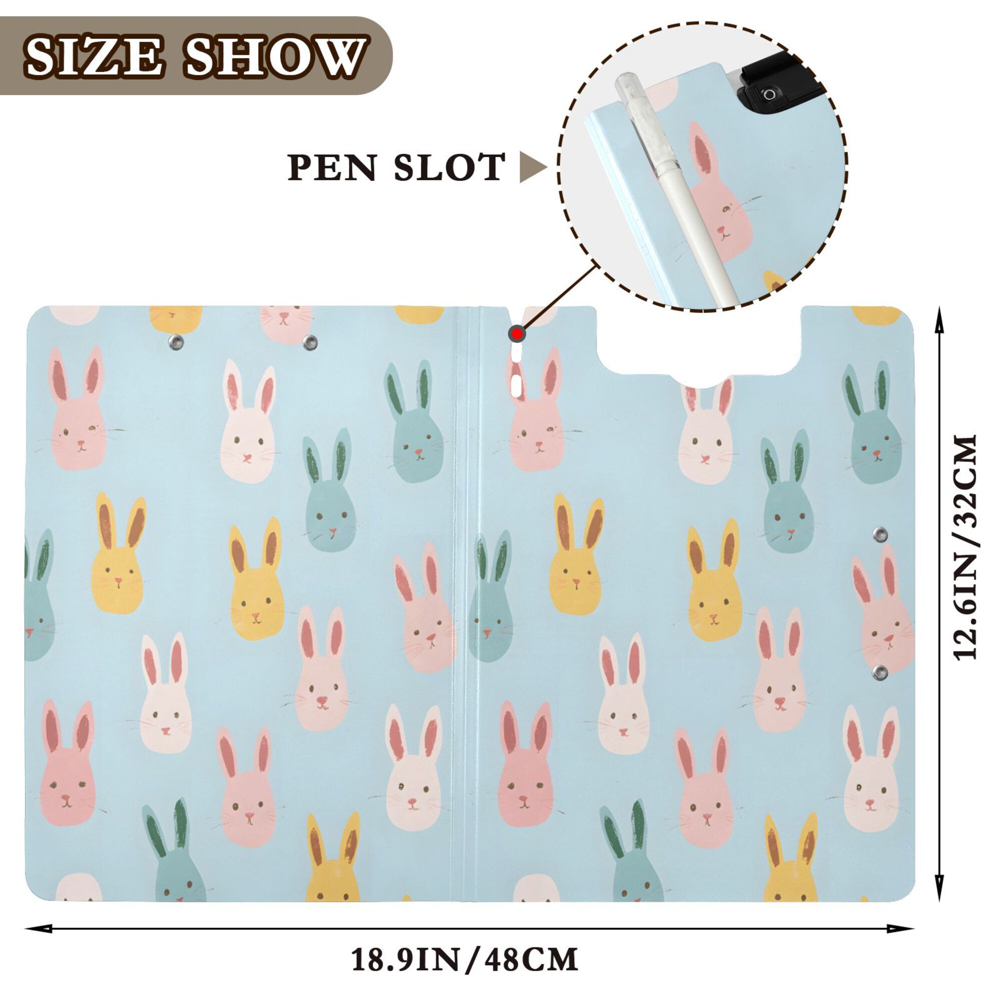 FORMRS A4 Clipboard Folder with Pen Holder Horizontal Foldable School Office Binder, Cute Rabbits