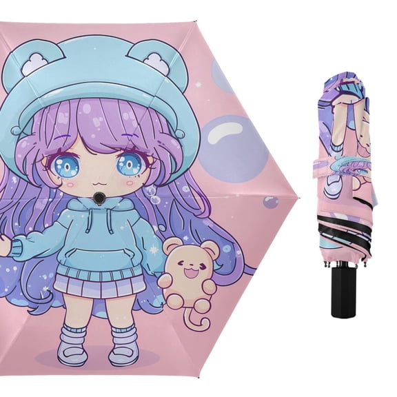 Compact Sun Umbrella Windproof Travel Umbrellas for Rain Strong Portable UV Protection Cute Girl Holding Bear