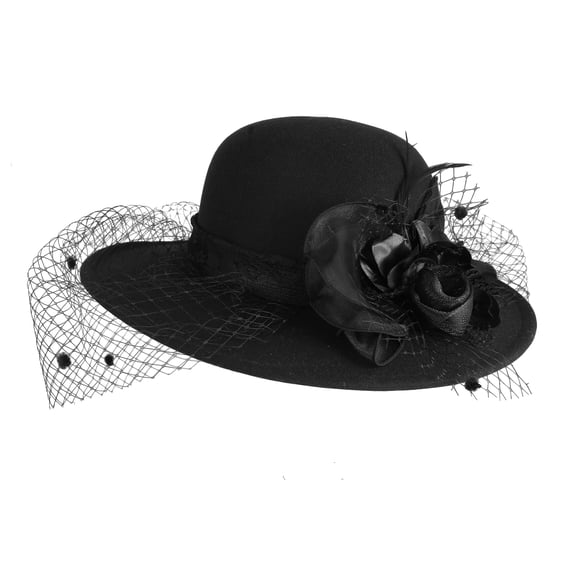Avaner Women's Round Top Flower Decor Felt Fedora Hat with Veil: Vintage Church Party Hat, 1920s Elegant for Weddings and Parties