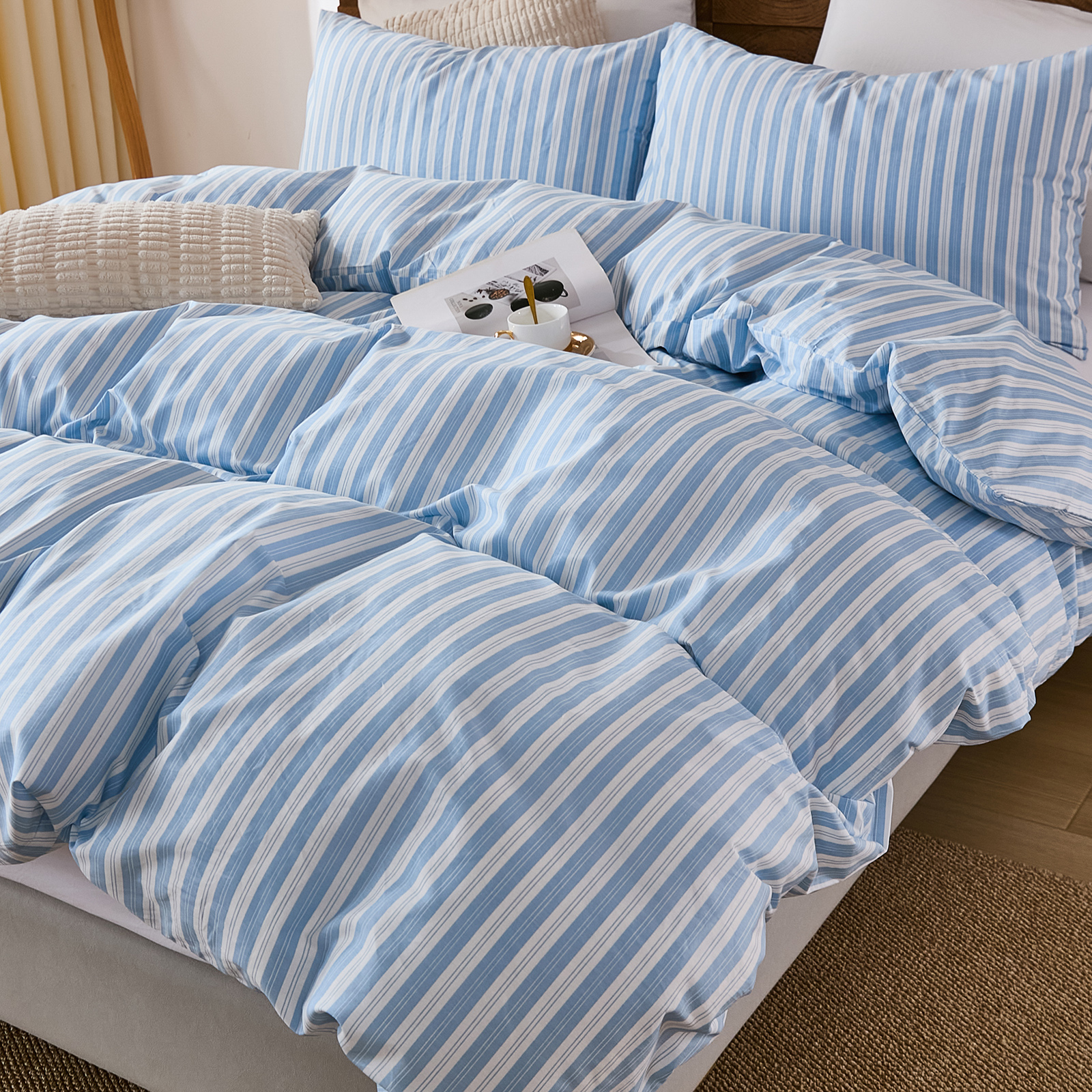 Brown Striped Duvet Cover Set Queen Size, 100% Natural Cotton Linen Like Duvet Cover Set with Zipper Closure & 8 Corner Ties, Brown Khaki Soft Reversible Bedding for All Seasons