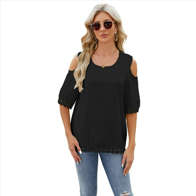 Blusa de Verano de Corta con Hombros Descubiertos y Encaje Acampanado para Mujer Negro M