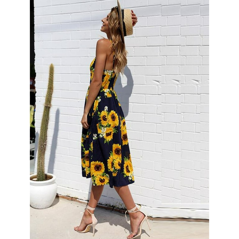 Feinuhan Womens Sunflower Print Dress Spaghetti Strap Floral Feinuhan Womens Sunflower Print Dress Spaghetti Strap Floral