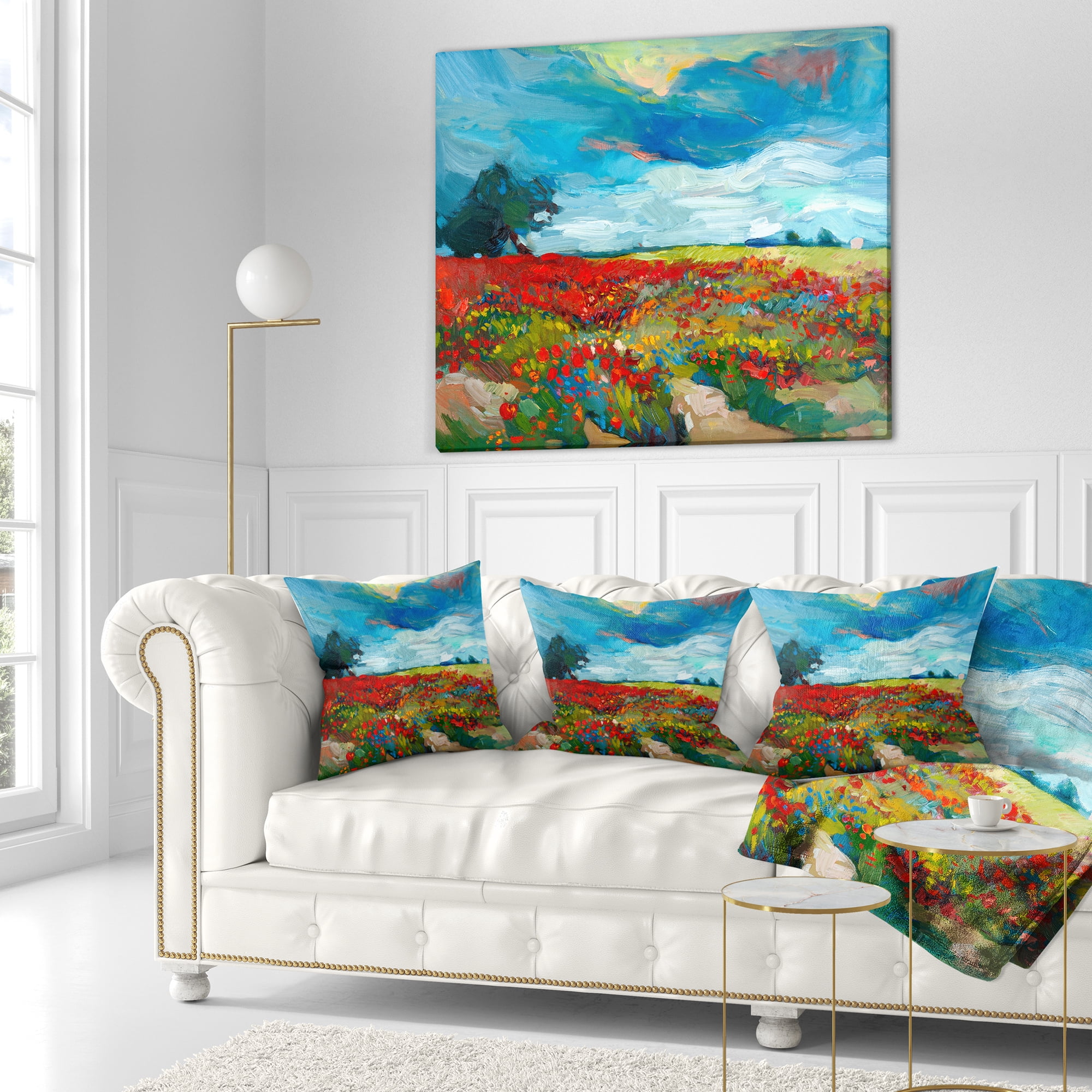 Designart Colorful Flower Fields - Landscape Painting Throw Pillow - 18x18