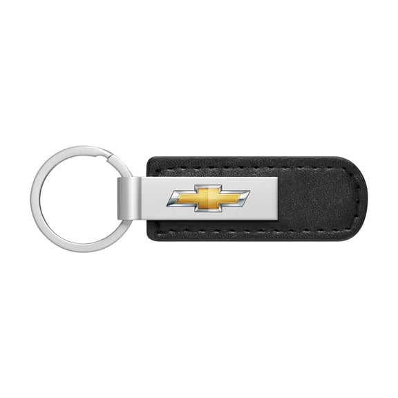 iPick Image for Chevrolet Golden Logo Silver Metal Plate Black PU Leather Strap Key Chain, Official Licensed