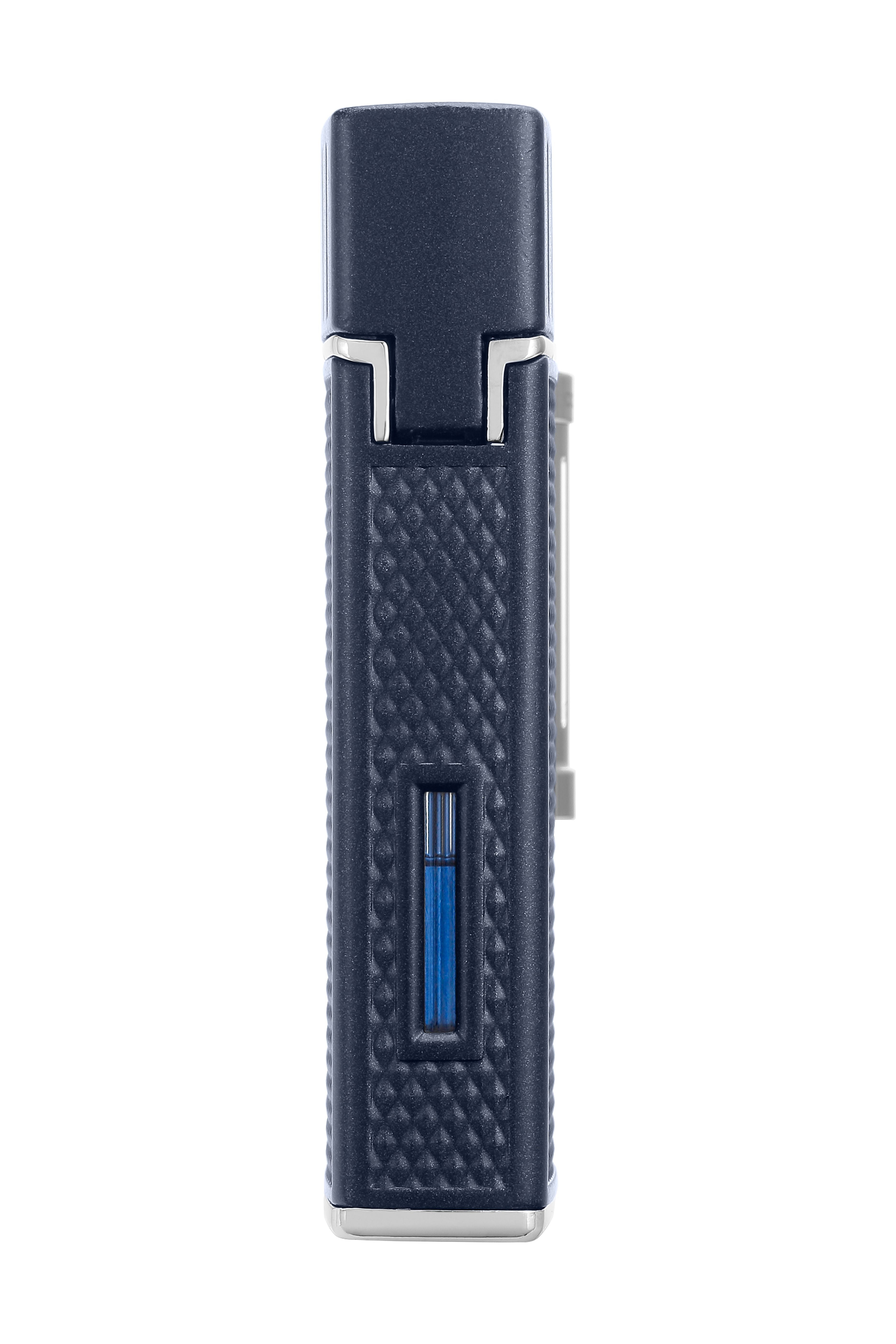 Colibri Julius Double Flame Butane Flint Cigar Lighter with Diamond-Pattern Case, Windproof & Refillable, Cigar Enthusiast's Choice with Blue Fuel Window and Adjustable Flame (Navy, Chrome)