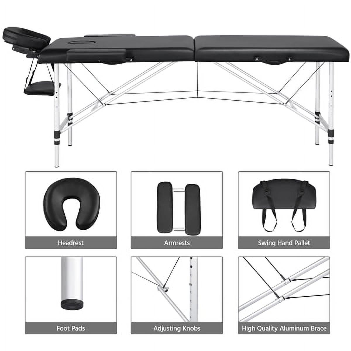 Alden Design 3 Section Adjustable Aluminum Massage Table with Headrest & Armrest, 84", Black