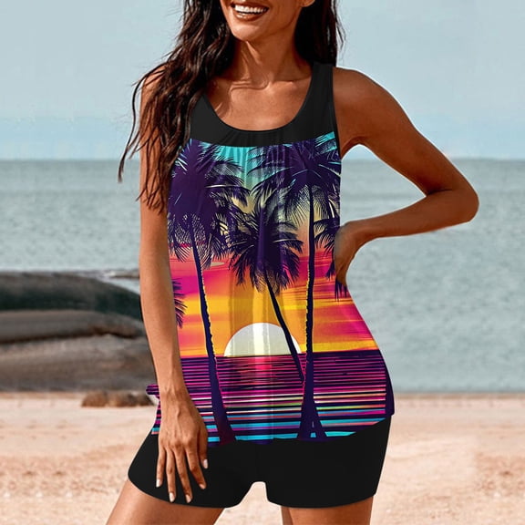 WXLWZYWL Plus Size Tankini Swimsuits - Women Two Piece Tankini Top with Shorts Flowy Swimsuit Bathing Suits