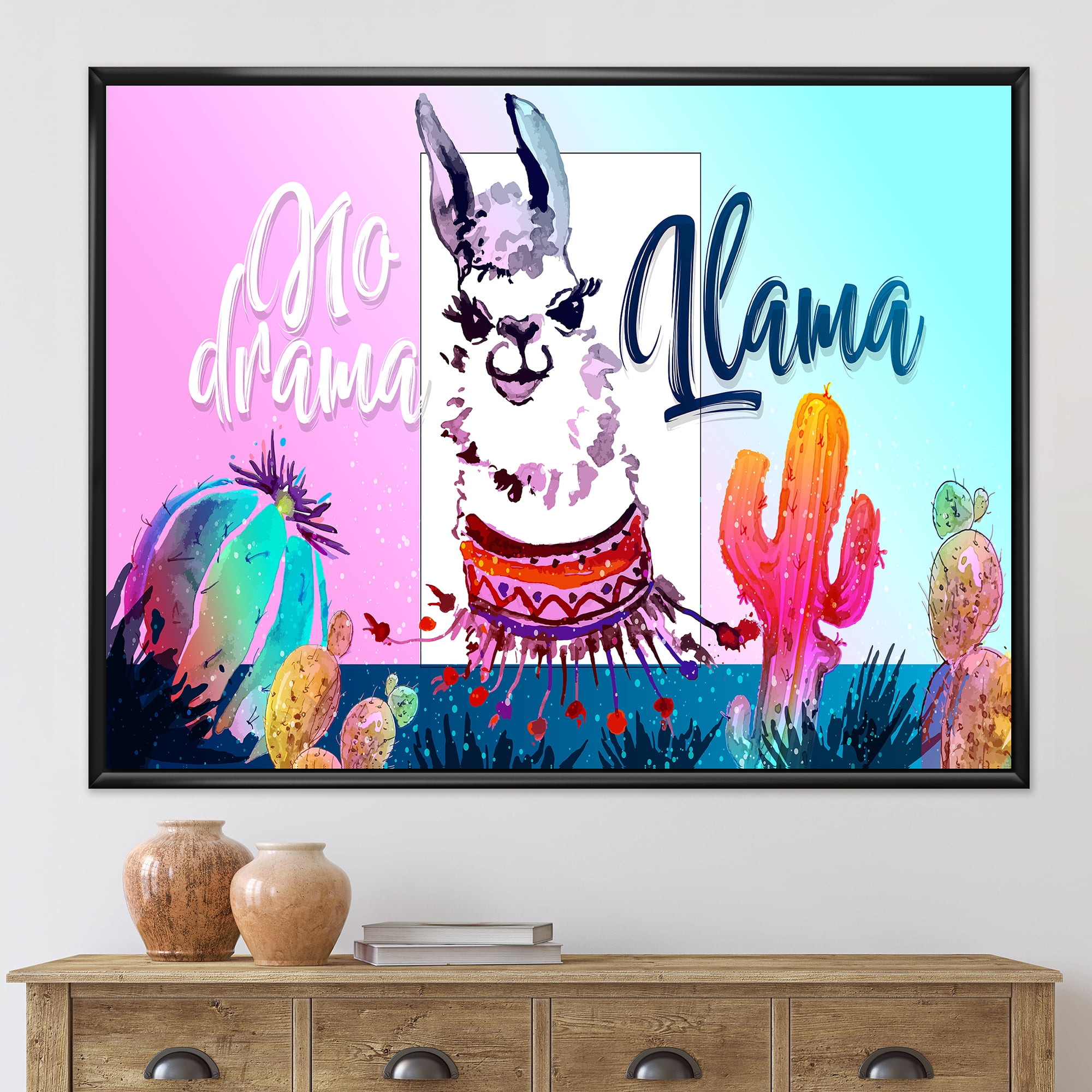 No Drama and Colorful Llama 32 in x 24 in Framed Painting Canvas Art Print, by Designart