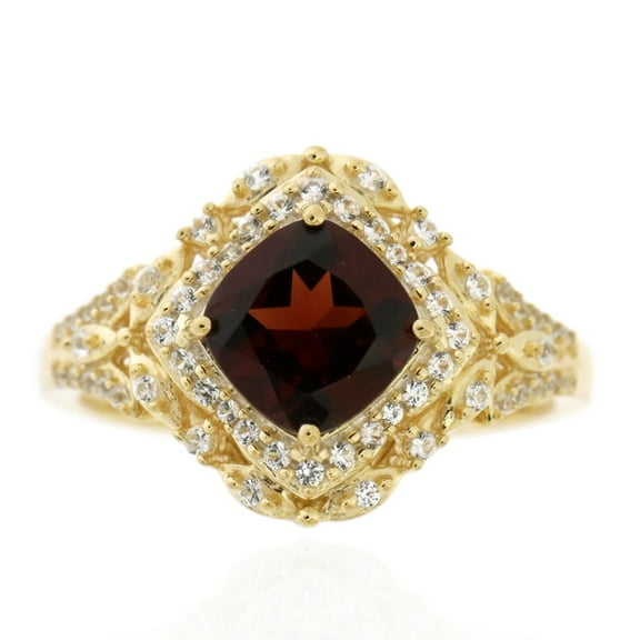 Jay Heart Designs 925 Sterling Silver with 14KY Gold Plated Garnet and Created White Sapphire Ring