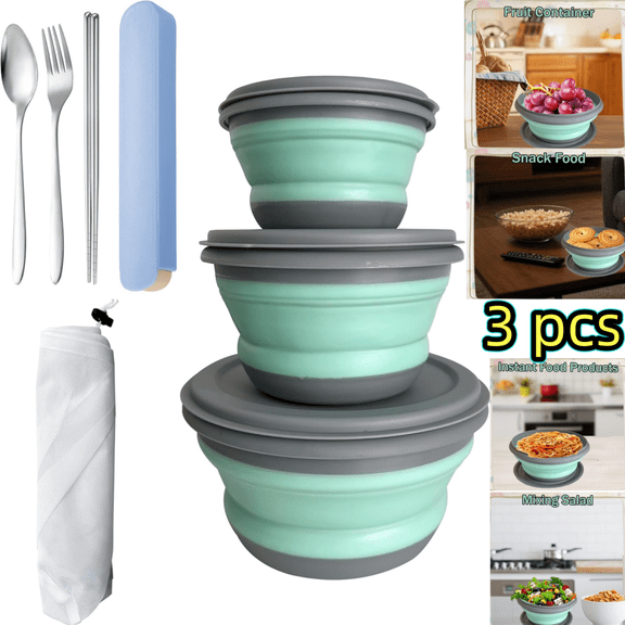 Silicone Camping Kitchen Set - 3 Collapsible Bowls, Lids, Fork, Spoon, Chopsticks & Bag