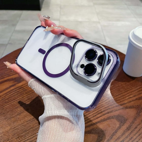 Allytechgroup iPhone 12 Case with Camera Lens Screen Protector & Kickstand, Compatible with Magsafe Clear Matte Back Cover Hybrid Rugged Phone Case Shell for Apple iPhone 12,Purple