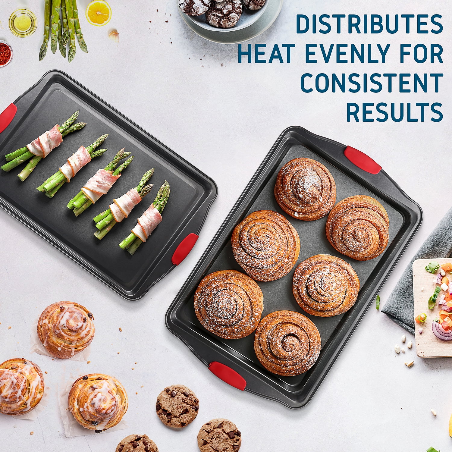 LammaLoe Baking Pans Carbon Steel, Non Stick Cookie Sheet Set with Silicone Handle, Baking Sheet, Small & Medium, Black