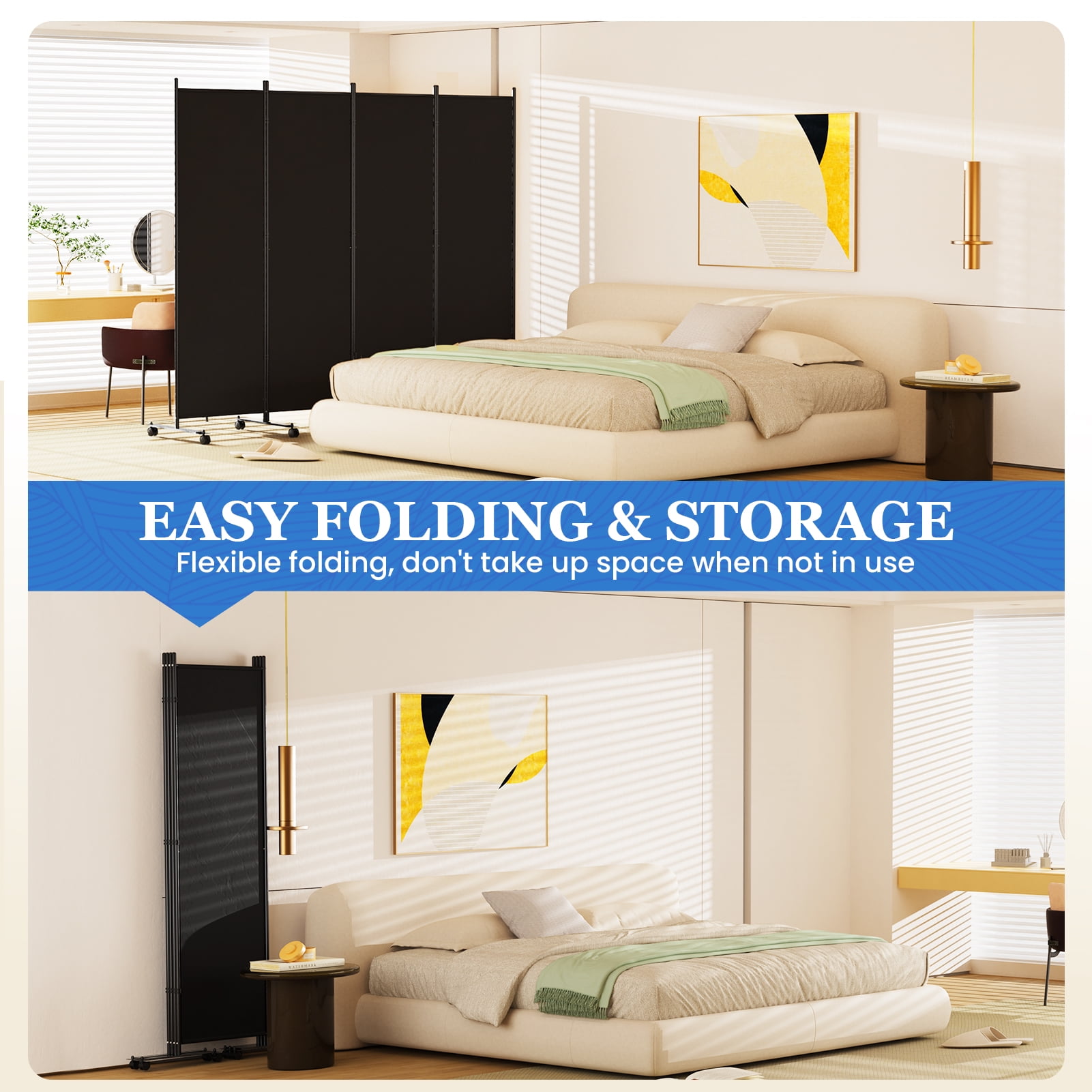 SUNALLY Rolling Room Dividers 6FT 4 Panel, Folding Privacy Screens with Lockable Wheels, 88" W Portable Wall Divider Room Separation for Porch Living Room Dorm Studio Office, Black