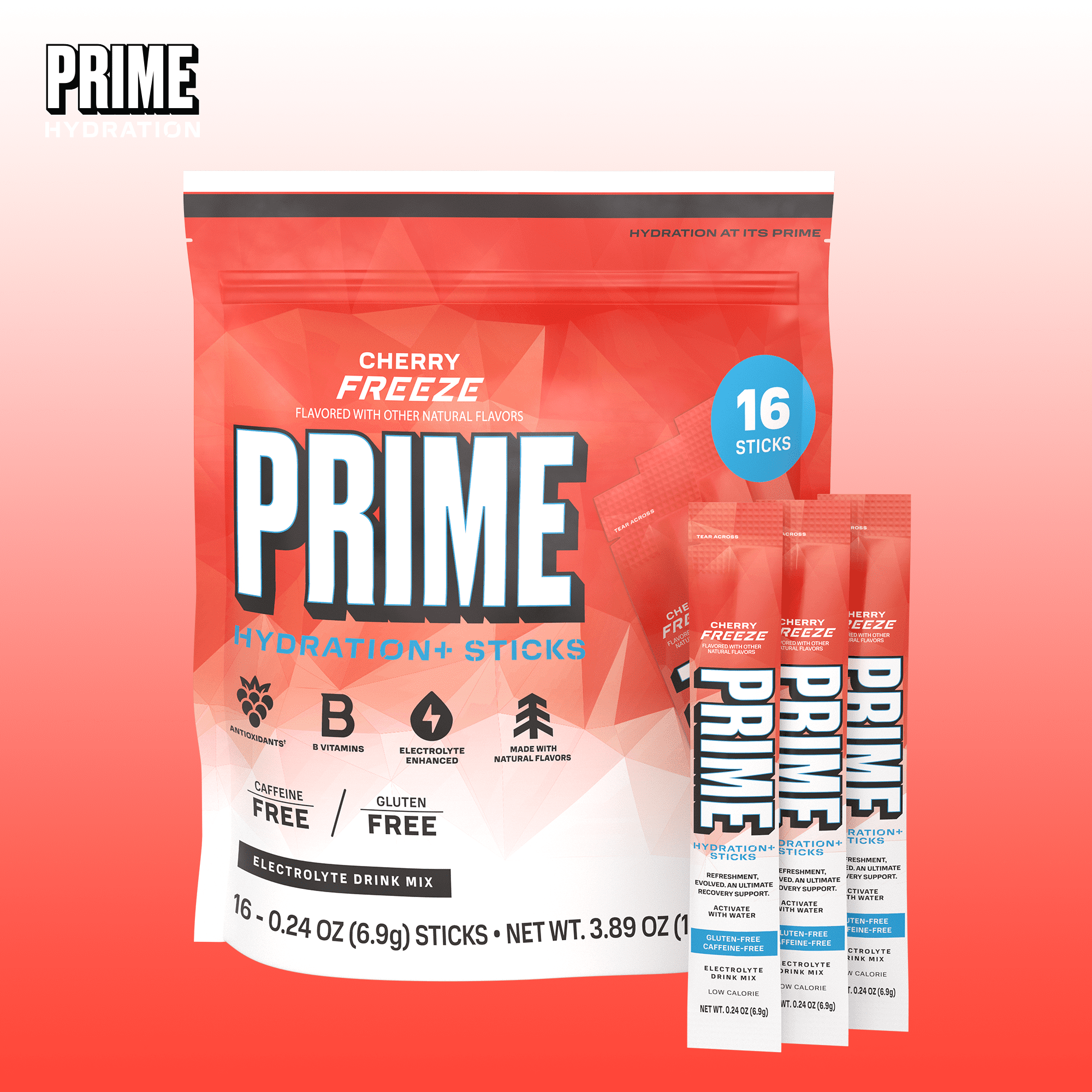 PRIME Hydration+ Cherry Freeze Electrolyte Powder Sticks, Sugar Free, 16 Count
