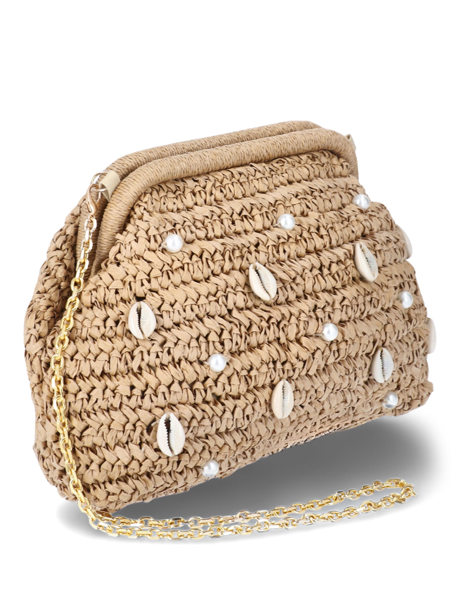 Time and Tru Women's Embellished Straw Frame Clutch Handbag, Natural