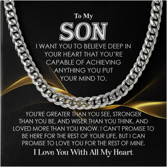 Cuban Chain Necklace for Son – Stainless Steel Men Jewelry with To My Son I Love You With All My Heart Message Card, Birthday Gift for Son, Graduation Present, Christmas Keepsake