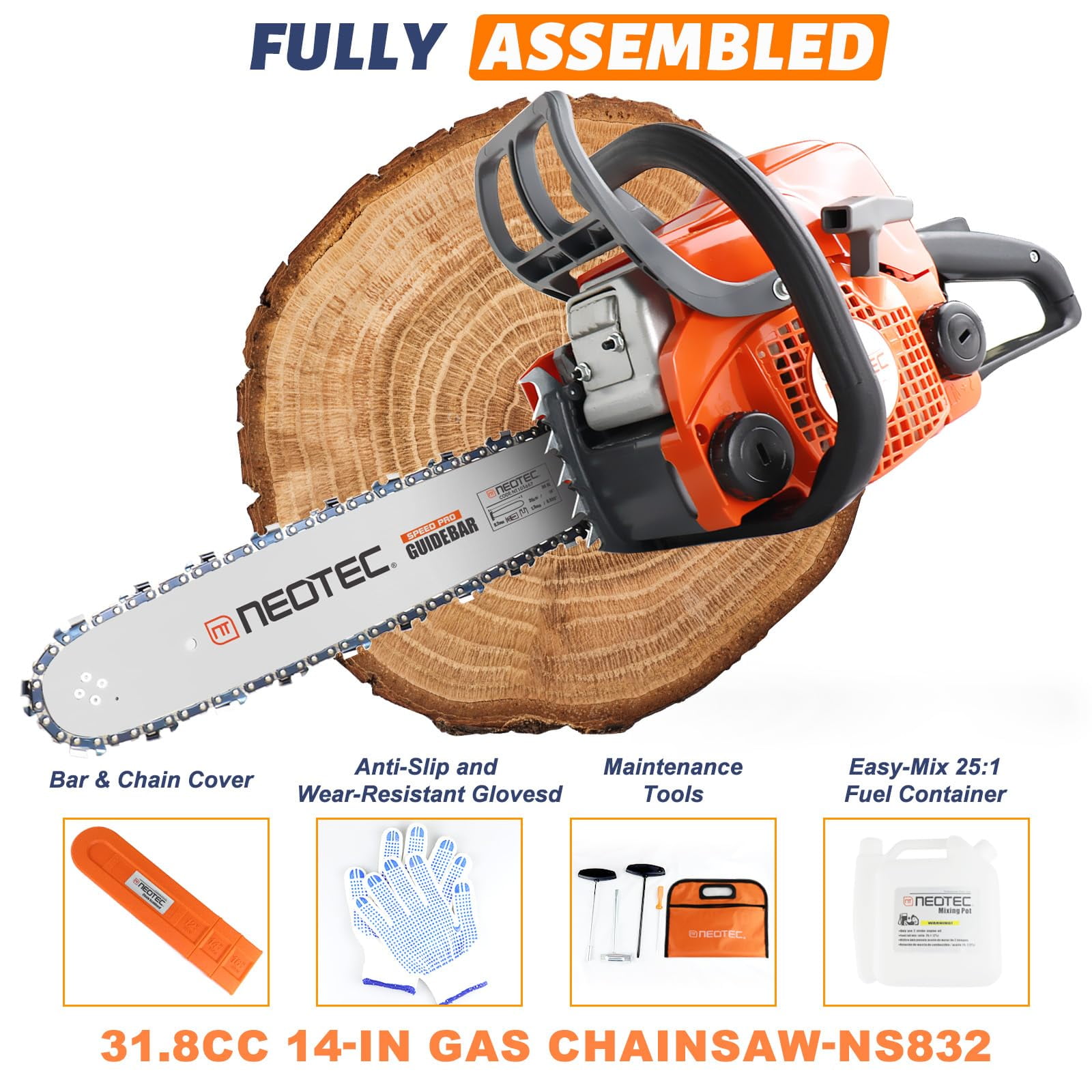 NEOTEC 31.8cc Gas Chainsaw,14 Inch Gasoline Powered Chain Saw 2-Stroke Gas Chainsaws,Durable Portable Chain Saw for Wood Cutting,Tree Pruning and Firewood Preparation NS832