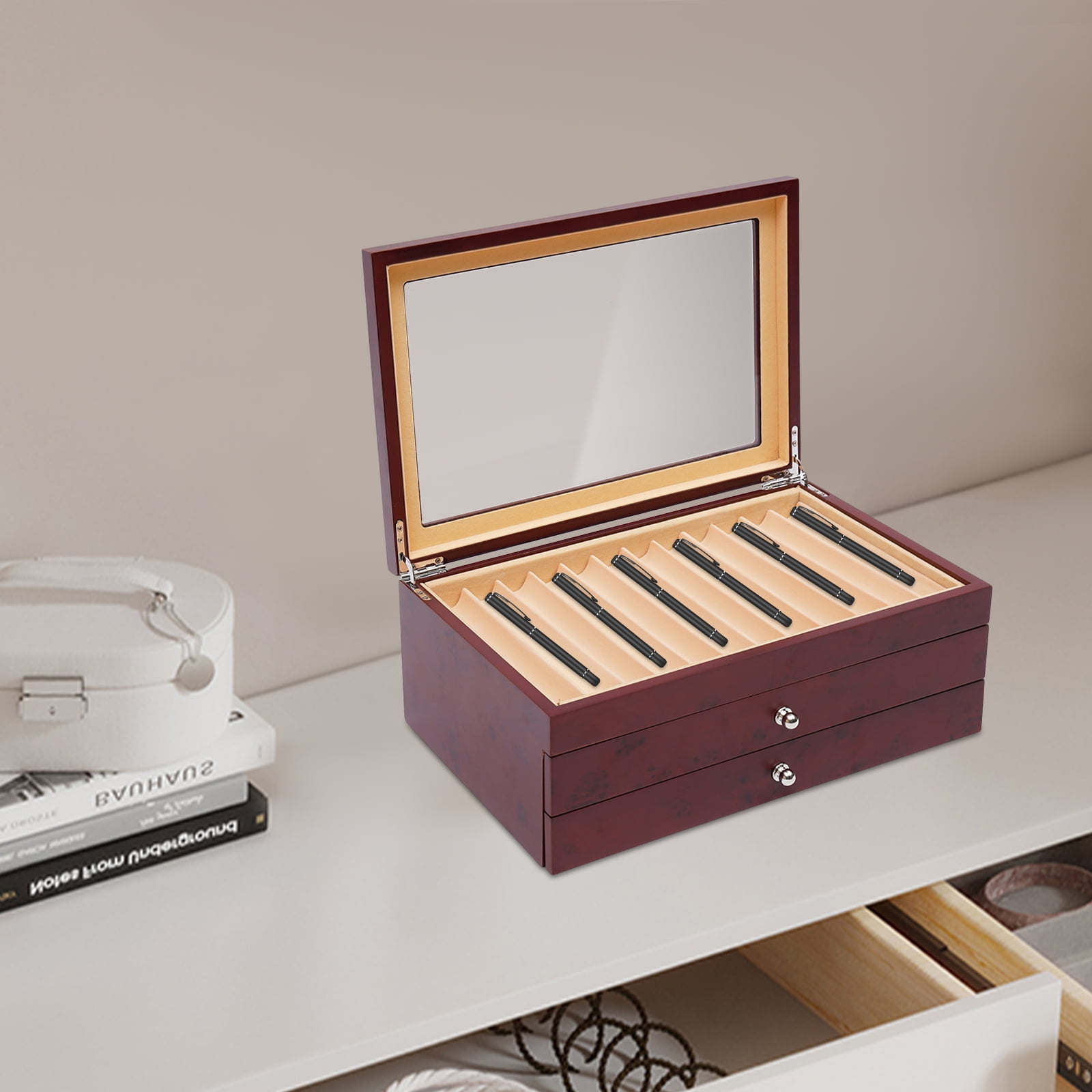 High-Quality Pen Box with 34 Compartments, Velvet Lining, Rosewood and MDF, Large Capacity, Retro Design, Ideal Gift for Pen Collectors