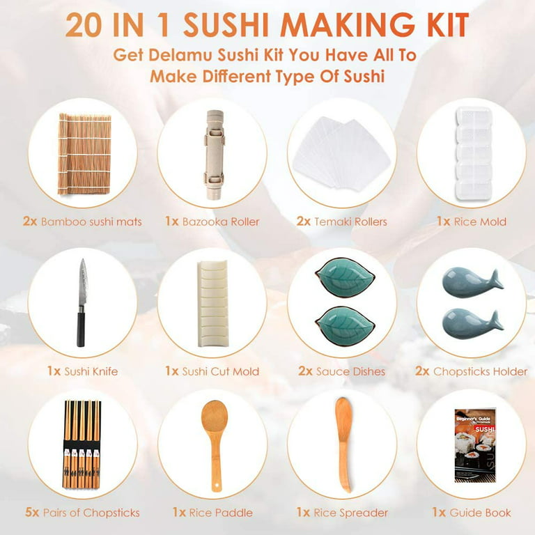 Sushi Making Kit, Delamu Bamboo Sushi Mat, Including 2 Sushi Rolling Mats,  5 Pairs Of Chopsticks, 1 Paddle, 1 Spreader, 1 Beginner Guide Pdf, Roll On