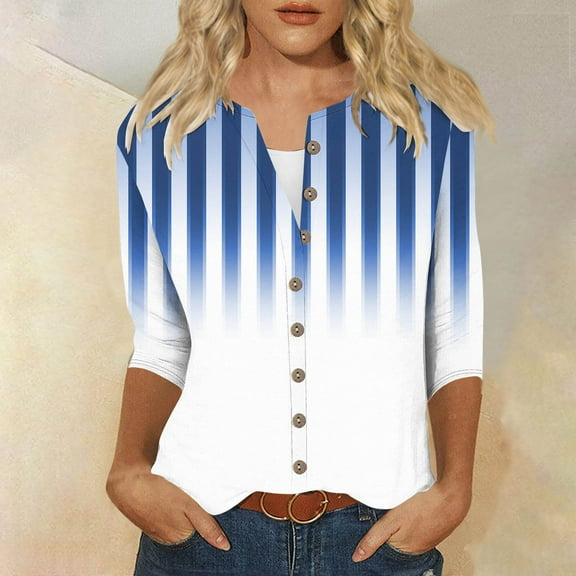 Clearance Mrasaso Button Down Shirts for Women 3/4 Sleeve Lightweight Summer Cardigan Casual V Neck Three Quarter Length Cute Tops