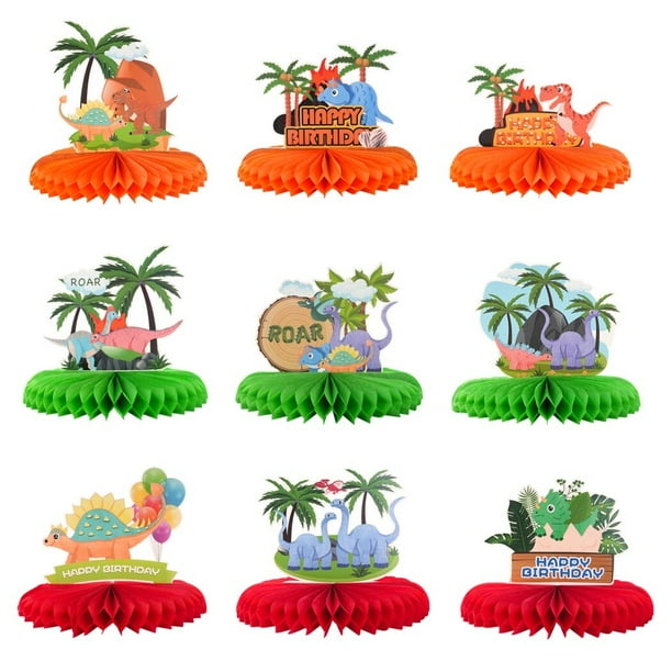 9 centros de mesa de dinosaurio en forma de panal, decoraciones de fiesta temáticas de dinosaurios, adornos de mesa para niños y niñas, coloridos adornos de mesa para fiestas de cumpleaños