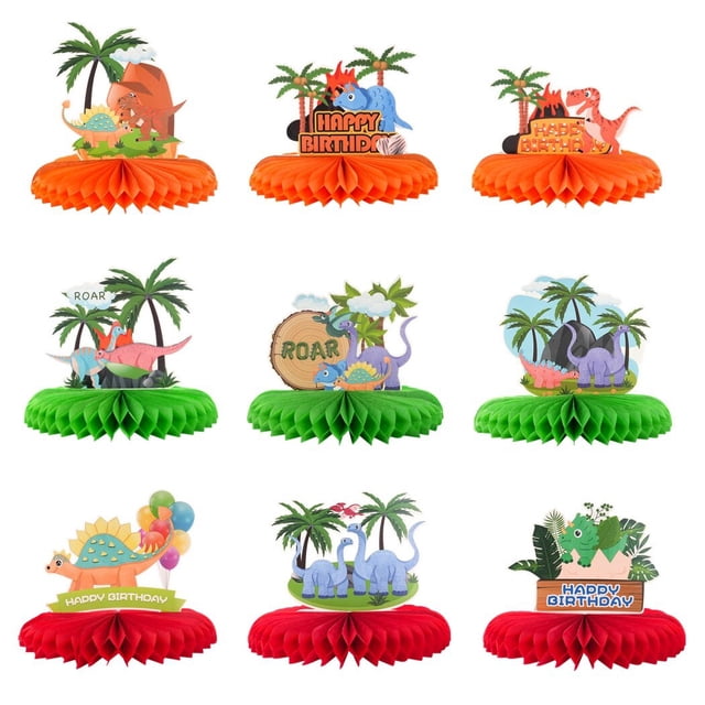 9 centros de mesa de dinosaurio en forma de panal, decoraciones de fiesta temáticas de dinosaurios, adornos de mesa para niños y niñas, coloridos adornos de mesa para fiestas de cumpleaños