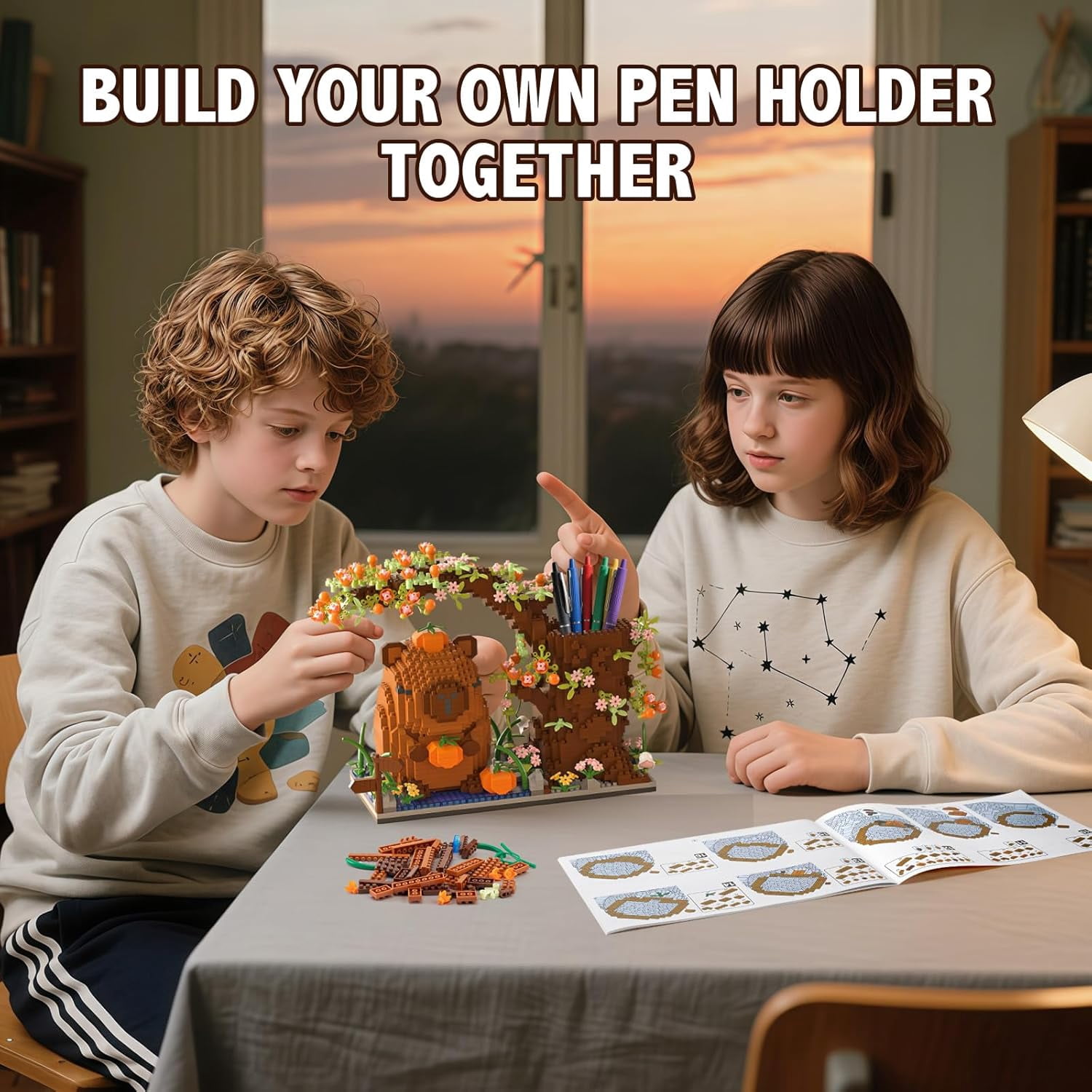 1880PCS Capybara Building Blocks Kit，Cute Animal Floral Desk Organizer Pen Holder for 8+ Kids Teens Adults