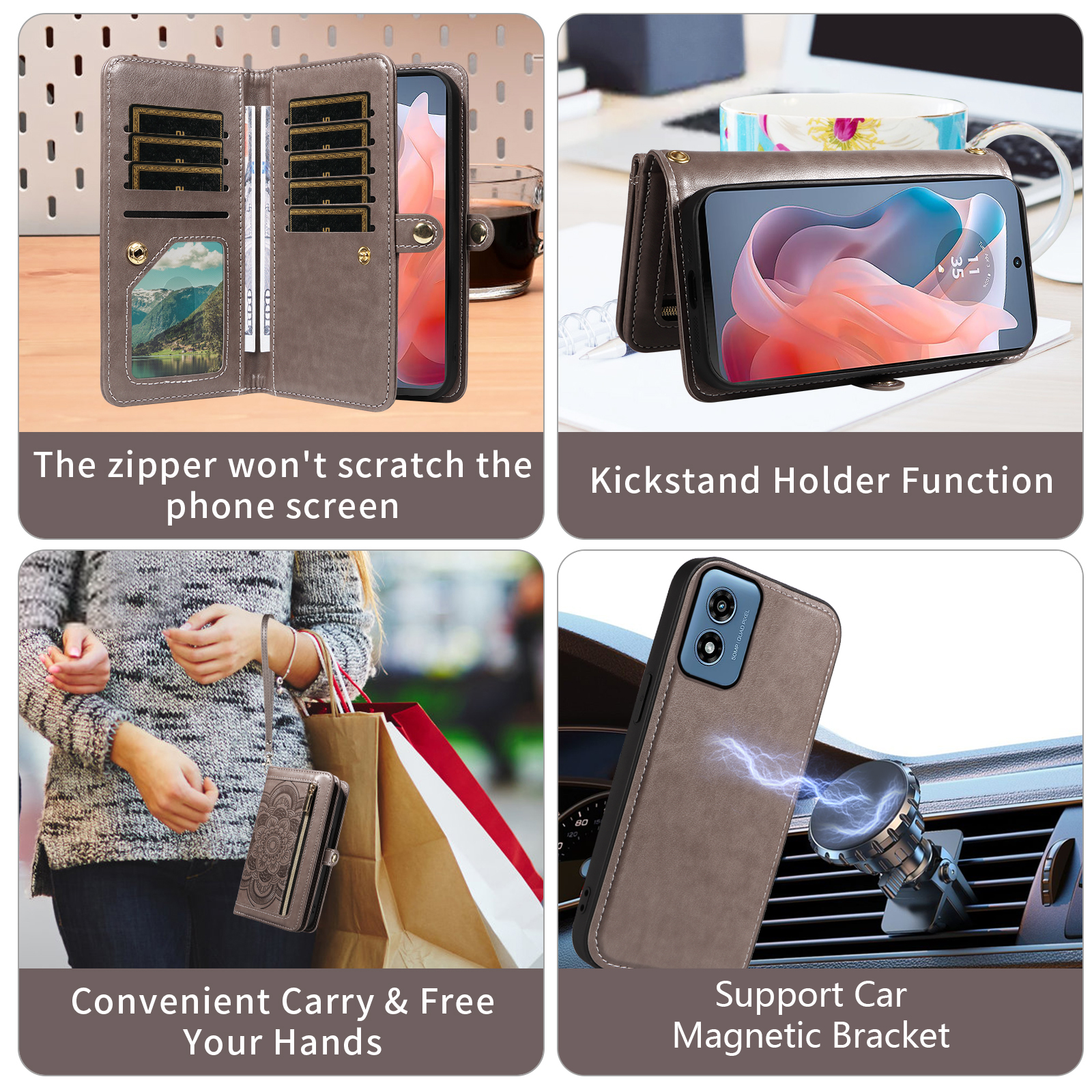 Asuwish Phone Case for Motorola Moto G Play 4G 2024 Zipper Wallet Detachable Cell Cover with Tempered Glass Screen Protector Crossbody Strap Flower Flip Card Holder XT2413V XT2413-1 64GB Women Gray