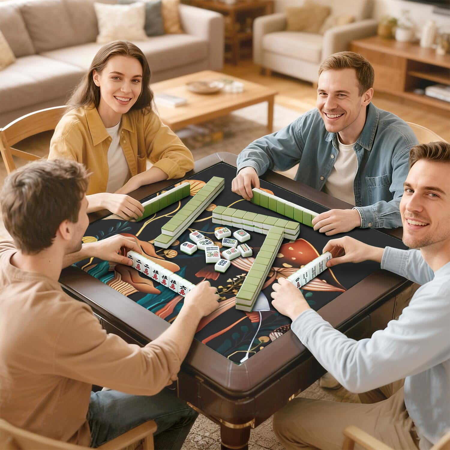 Plants Design Mahjong Table Mat 31.5x31.5 Inches Crafted from Durable Rubber with Anti-Slip Non-Slip Backing and Noise Dampening for Board Games Cards